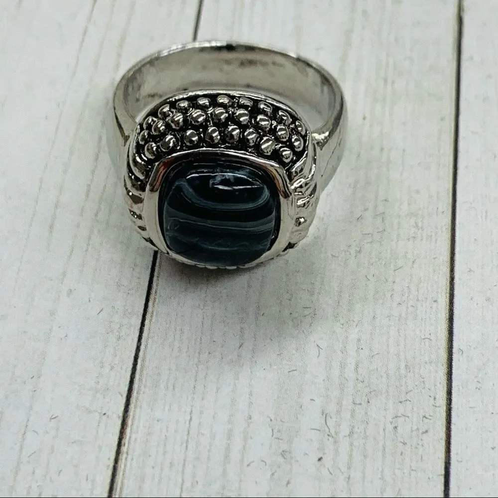 Black Striped Glass Silver Ring‎